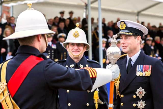 The HRH Earl of Wessex inspecting the Band Master of the Royal Marines Band Portsmouth during the service of dedication for RFA Tidespring