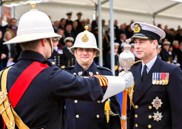 The HRH Earl of Wessex inspecting the Band Master of the Royal Marines Band Portsmouth during the service of dedication for RFA Tidespring
