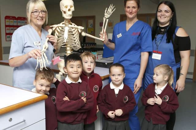Janine Andrade,  Siobhan Edwards-Bannon and Zoe Boxhall with the pupils learning about the human skeleton .Picture : Habibur Rahman (171637-3)