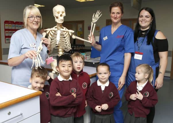 Janine Andrade,  Siobhan Edwards-Bannon and Zoe Boxhall with the pupils learning about the human skeleton .
Picture : Habibur Rahman (171637-3)
