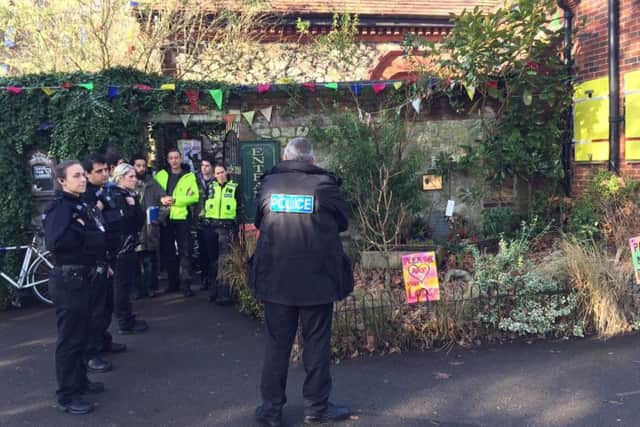 Police at the Arts Lodge in Victoria Park during the eviction of Mark Lewis