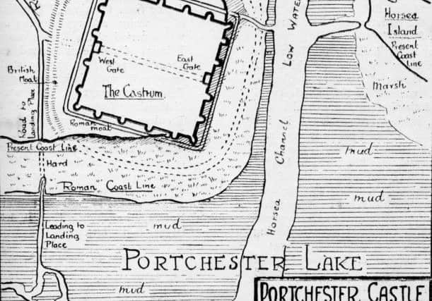 Portchester Castle in Roman times when the moat extended beyond the modern coastline.  Picture: Ted Saunders Collection