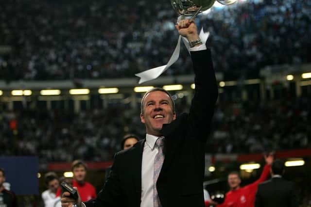 Kenny Jackett celebrates Johnstone's Paint Trophy glory with Swansea