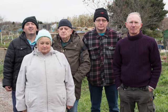 Allotment holders are angry about repeated attacks of vandalism - from left:  Pete McBride, Karen Staden, Roger Davidson, Matt Redsull and Chris Matlock     Picture: Keith Woodland