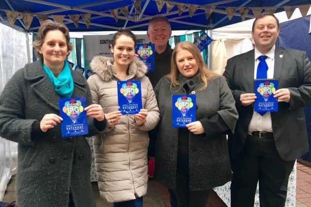 From left, Flick Drummond, Samatha Worsey (owner of Southsea Bathing Hut) Mark Pembleton  economic regeneration manager Portsmouth City Council, Cllr Donna Jones and Cllr Lee Mason