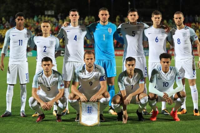 Back row, left to right, England's Marcus Rashford, Kieran Trippier, Michael Keane, Jack Butland, Harry Maguire, John Stones and Jordan Henderson. Front row, left to right, England's Aaron Cresswell, Harry Kane, Harry Winks and Dele Alli before the 2018 FIFA World Cup Qualifying Group F match at the LFF Stadium, Vilnius. PPP-170112-151650002