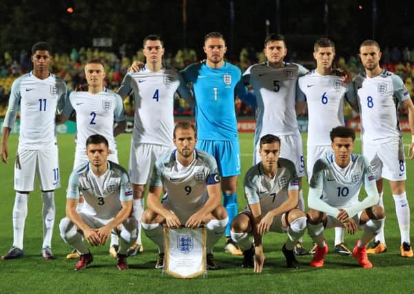 Back row, left to right, England's Marcus Rashford, Kieran Trippier, Michael Keane, Jack Butland, Harry Maguire, John Stones and Jordan Henderson. Front row, left to right, England's Aaron Cresswell, Harry Kane, Harry Winks and Dele Alli before the 2018 FIFA World Cup Qualifying Group F match at the LFF Stadium, Vilnius. PPP-170112-151650002