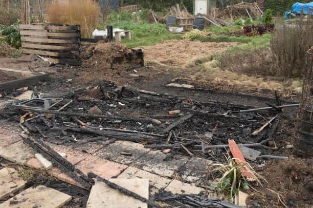 All that remains of an allotment shed that was set on fire during the break-ins