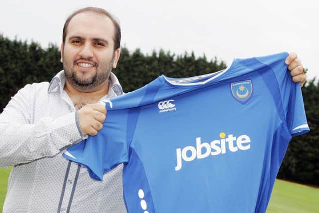 Former Pompey owner Sulaiman Al Fahim celebrates the first deal with Jobsite ahead of the 2009-10 campaign. Picture: Joe Pepler