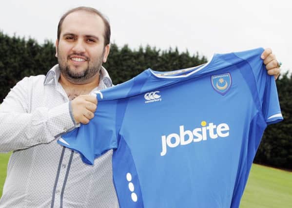 Former Pompey owner Sulaiman Al Fahim celebrates the first deal with Jobsite ahead of the 2009-10 campaign. Picture: Joe Pepler
