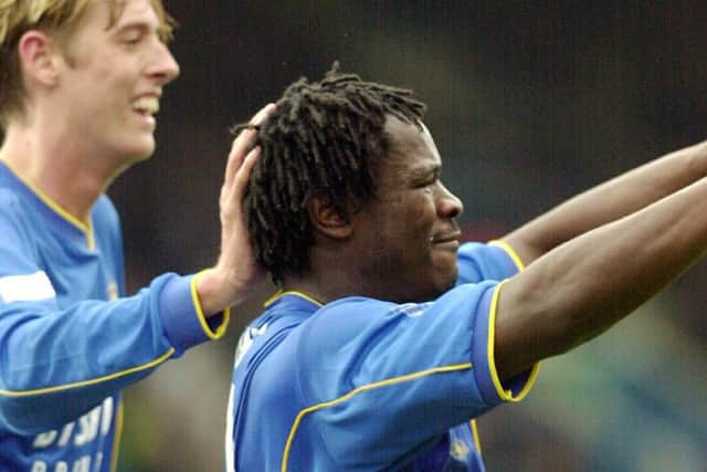 Linvoy Primus celebrates his first Pompey goal before disaster struck against Barnsley
