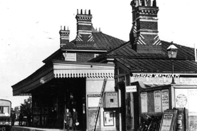 A steam car at Bishops Waltham station about 1910. It was the terminus of the 4.5-mile branch line that connected it to the main line at Botley. It closed to passengers in January 1933.