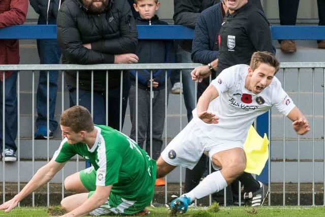West Fogden is brought down against Hemel Hempstead. Picture: Keith Woodland