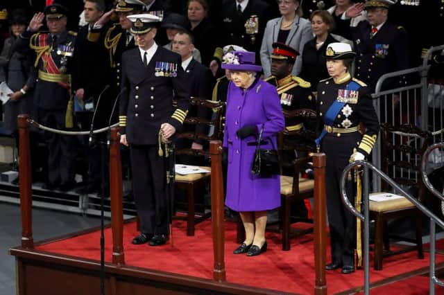 Her Majesty The Queen takes the salute at the commissioning of HMS Queen Elizabeth. Picture: Royal Navy