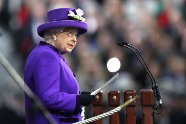 Queen Elizabeth II speaks during the commissioning ceremony. Picture: Andrew Matthews/PA Wire