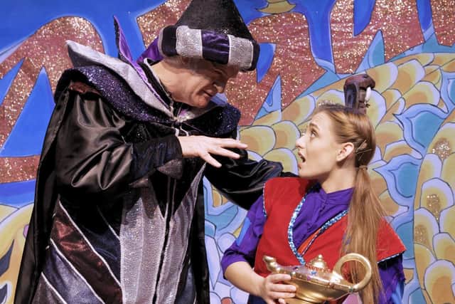 Abanazaar (Clive Mantle) with Aladdin (Danielle Haywood) in Aladdin at Ferneham Hall (171167-11)