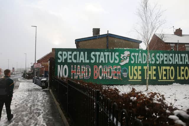 A Sinn Fein billboard calling for 'No Hard Border' on display in Belfast, Northern Ireland