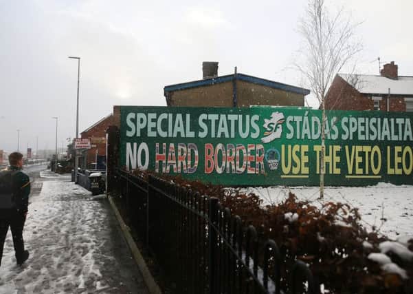 A Sinn Fein billboard calling for 'No Hard Border' on display in Belfast, Northern Ireland