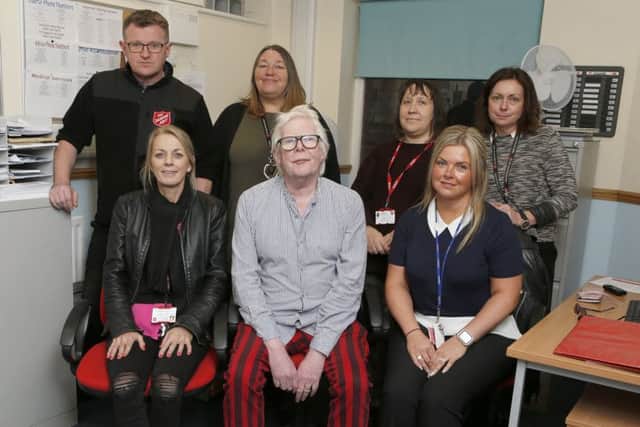 (Back row, l-r)  Major Bill Dolling, Hope House Lifehouse service manager Paula Martin, support worker Jessica Rockett and specialist support worker Fiona Allen. (Front row, l-r) Assistant support worker Angie Simmons, support worker Kevin Rogers and programme co-ordinator Claire Hague   Picture : Habibur Rahman
