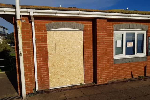 Lifeguards have been forced to board up the broken door. Picture: Portsmouth Lifeguards