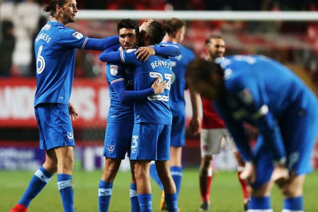 The Pompey players celebrated at the final whistle Picture: Joe Pepler