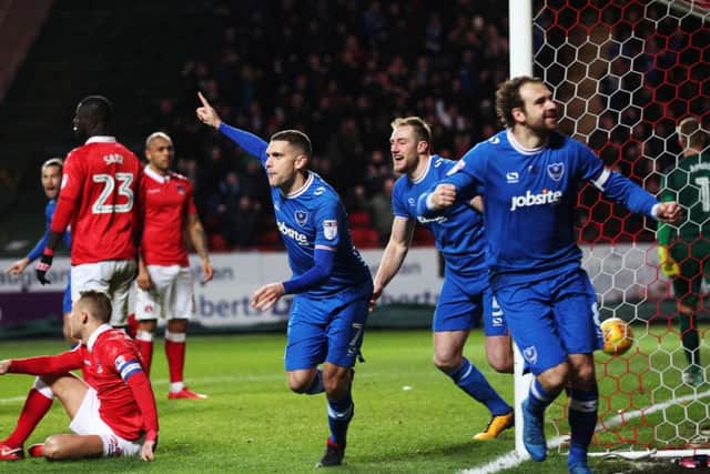 Stuart O'Keefe celebrates Pompey's winning goal at The Valley. Picture: Joe Pepler