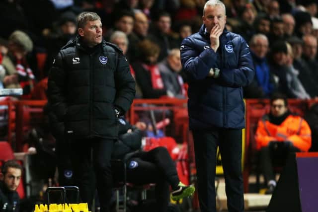 Pompey boss Kenny Jackett, right, and Joe Gallen watch on from the touchline during Pompey's win at Charlton. Picture: Joe Pepler