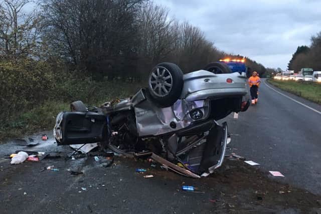 The mangled wreckage of the Peugeot 206 Sophie and Callum were travelling in. Sussex Roads Police Twitter SUS-170612-164400001