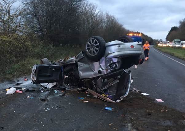 The mangled wreckage of the Peugeot 206 Sophie and Callum were travelling in. Sussex Roads Police Twitter SUS-170612-164400001