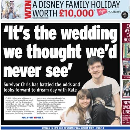 Chris Peskett, who was told as a child that he would not reach adulthood because of a serious illnesses, proudly announced his engagement to long-time love Kate Barrett