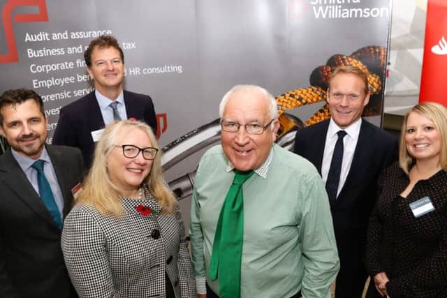 Guest speakers Irene Graham, front left, and Sir John Timpson, front right, with sponsors and representatives, back from left, Paul Duckworth of Smith and Williamson, Russell Mogridge of Hughes Ellard, Gwyn Price of Santander and Lucy Grey of Trethowans.