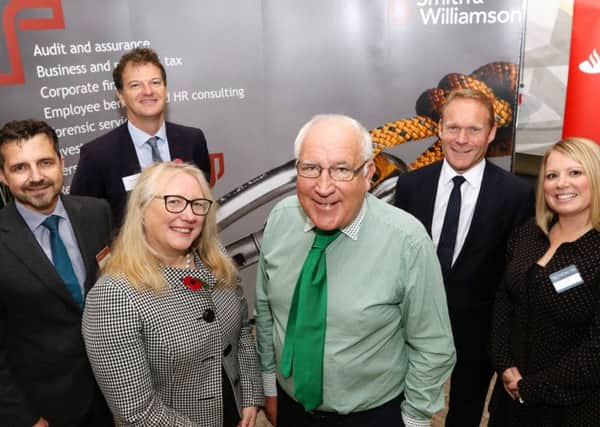 Guest speakers Irene Graham, front left, and Sir John Timpson, front right, with sponsors and representatives, back from left, Paul Duckworth of Smith and Williamson, Russell Mogridge of Hughes Ellard, Gwyn Price of Santander and Lucy Grey of Trethowans.