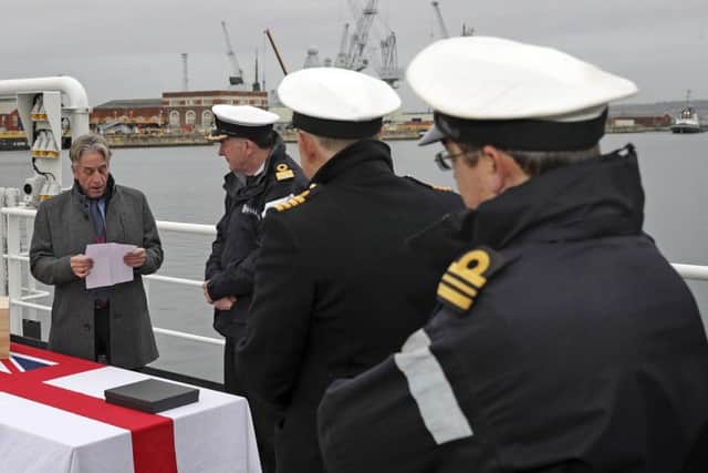Cees Ravstein,Chief Executive of Ravstien, addressing the attendees before handing over the caisson to the Naval Base Commander, Commodore Jeremy Rigby RN