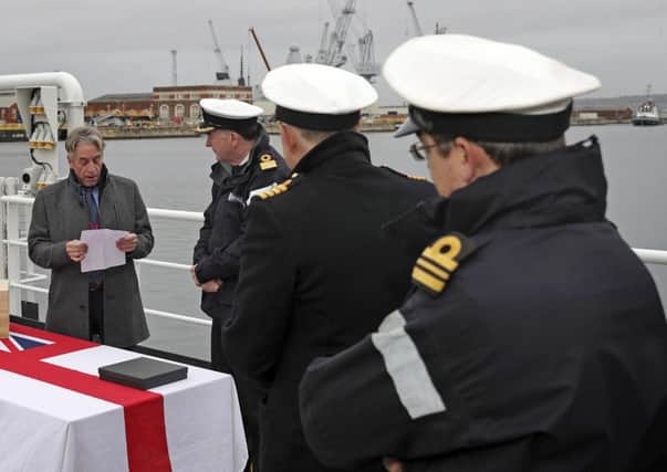 Cees Ravstein,Chief Executive of Ravstien, addressing the attendees before handing over the caisson to the Naval Base Commander, Commodore Jeremy Rigby RN