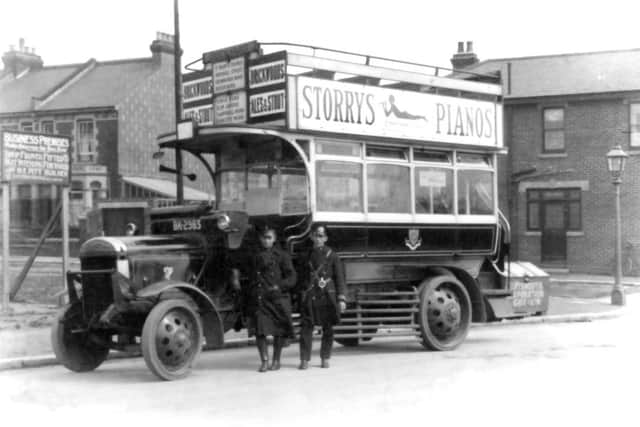 On the corner of Idsworth Road and Tangier Road, Copnor, circa 1928. The first batch of buses after being re-bodied.