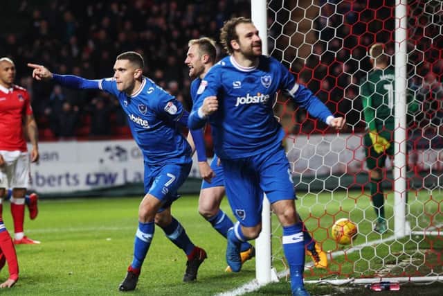 Stuart OKeefe, Matt Clarke and Brett Pitman celebrate Pompeys winner at Charlton last week to maintain the Blues push for the play-offs Pictures: Joe Pepler