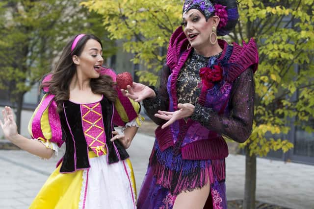 Charlotte Haines as Snow White and Craig Revel Horwood as The Wicked Queen in Snow White at Mayflower Theatre, Southampton