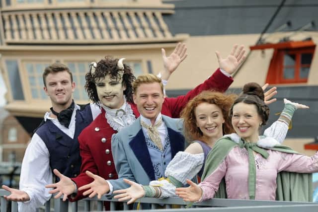 The cast of Beauty and the Beast, Tim Lucas, Craig Golding, Jamie Papanilolaou, Kirsty-Anne Shaw, and Liz Garland. Picture Ian Hargreaves