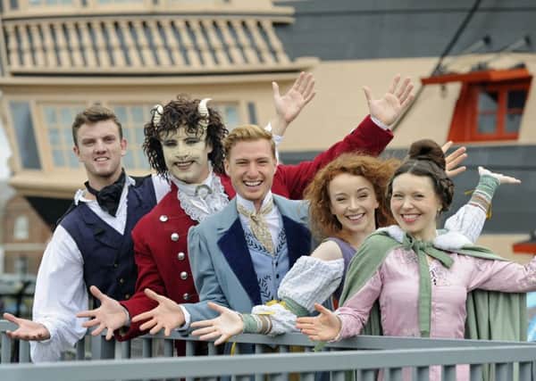 The cast of Beauty and the Beast, Tim Lucas, Craig Golding, Jamie Papanilolaou, Kirsty-Anne Shaw, and Liz Garland. 
Picture Ian Hargreaves