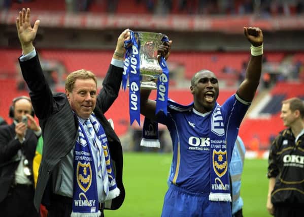 Sol Campbell, right, with Harry Redknapp after Pompey's FA Cup success in 2008