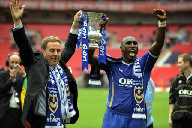 Sol Campbell, right, with Harry Redknapp after Pompey's FA Cup success in 2008
