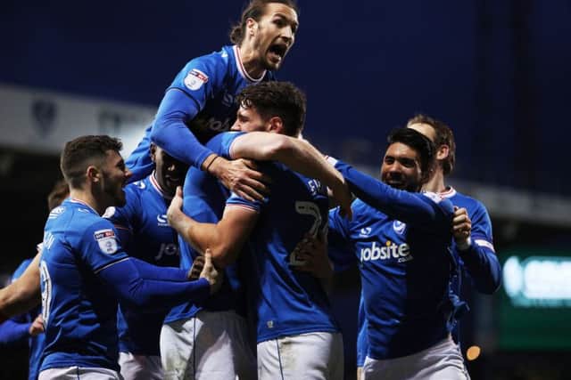 Matt Clarke celebrates scoring Pompey's winning goal against Bury at Fratton Park. Picture: Joe Pepler/Digital South