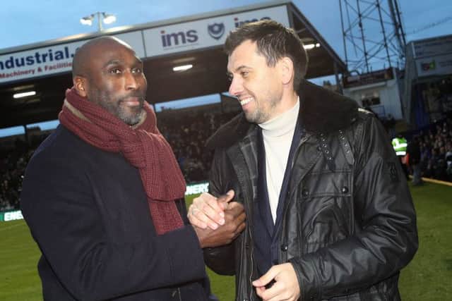 Sol Campbell and Svetoslav Todorov attended Pompey's win against Bury. Picture: Joe Pepler