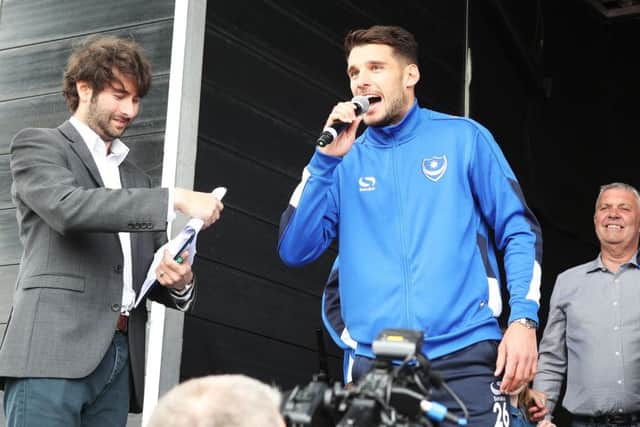 Gareth Evans addresses the crowd at Pompey's League Two title-winning celebrations on Southsea Common. Picture: Joe Pepler
