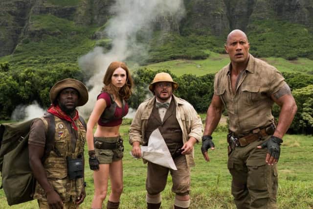 Kevin Hart, Karen Gillan, Jack Black and Dwayne Johnson in Jumanji: Welcome To The Jungle.