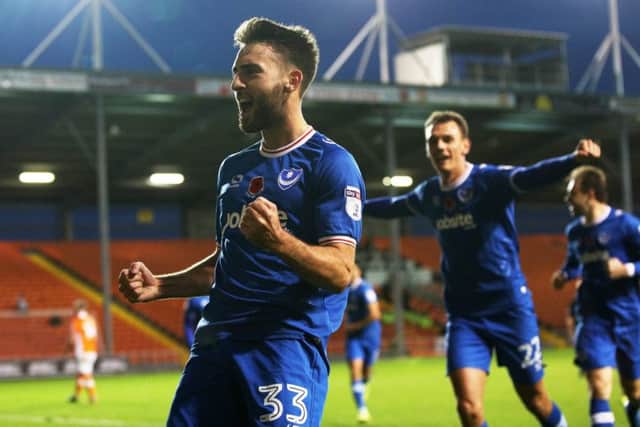 Ben Close celebrates his maiden Pompey goal at Blackpool. Picture: Joe Pepler