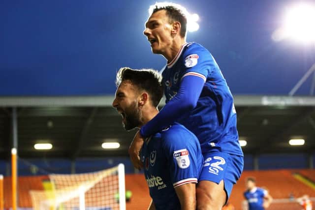 Ben Close celebrates his goal against Blackpool with Kal Naimsith. Picture: Joe Pepler