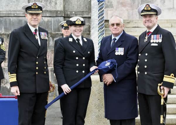 From left, 
the parade's guest of hnour Vice Admiral Duncan Potts CB, the director general Joint Force Development and Defence Academy, Midshipman Sarah Barrowclough, Captain Mike Croxford and Rear Admiral Simon Williams from the Britannia Association Picture: Craig Keating