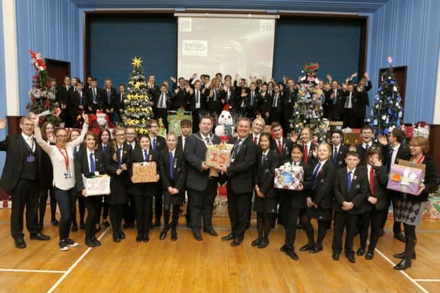 Pupils and teachers with Deputy Mayor Lee Mason with gifts for the homeless
Picture: Habibur Rahman