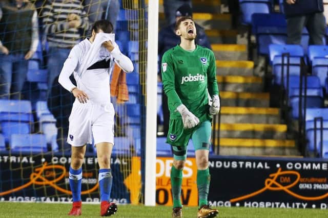 Pompey's Luke McGee dejected after a mistake that led to the opening goal during their League One match at Shrewsbury Town. Picture: Joe Pepler/Digital South